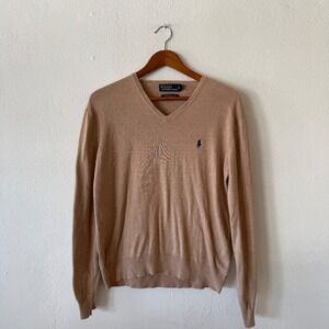 Polo Ralph Lauren Pima Cotton V Neck Sweater Tan Brown Men's Size Small